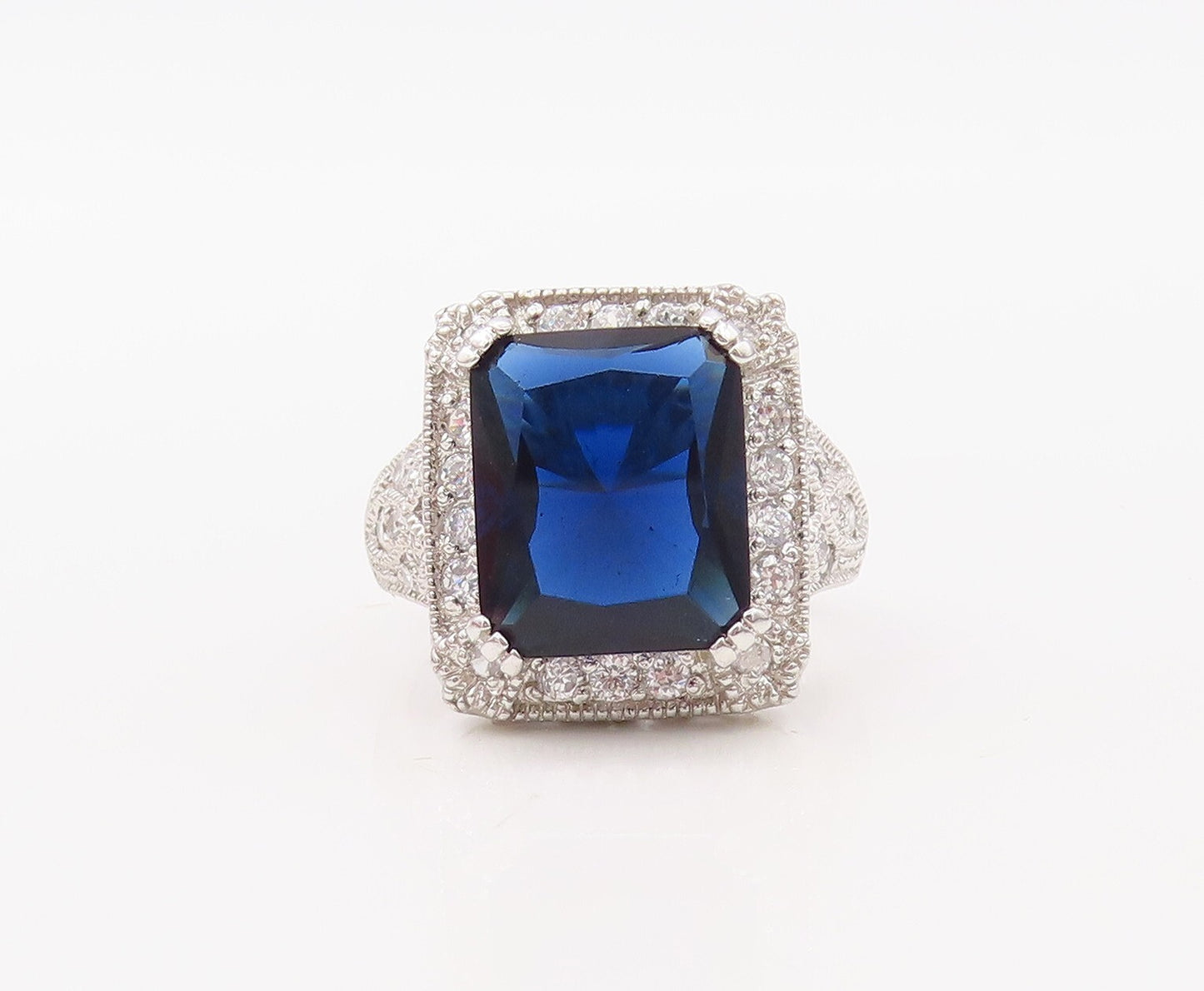 925 Sterling Silver Vintage Ring Rectangle Sapphire Halo CZ Frame  Sz 7  RG30784