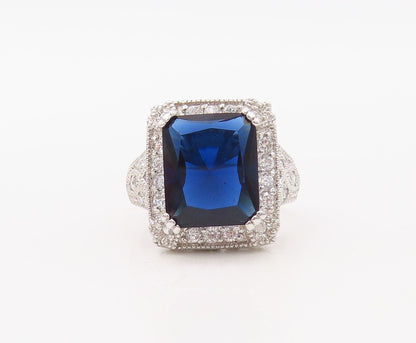 925 Sterling Silver Vintage Ring Rectangle Sapphire Halo CZ Frame  Sz 7  RG30784