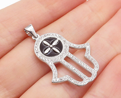 925 Sterling Silver  Shiny Topaz & Enamel Detail Open Hamsa Pendant  PT5568