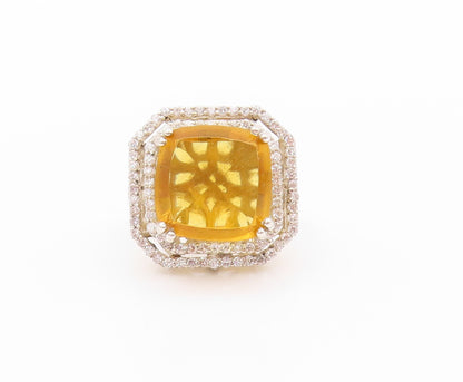 925 Sterling Silver Vintage Ring Square Citrine Halo Topaz  Sz 7  RG32449
