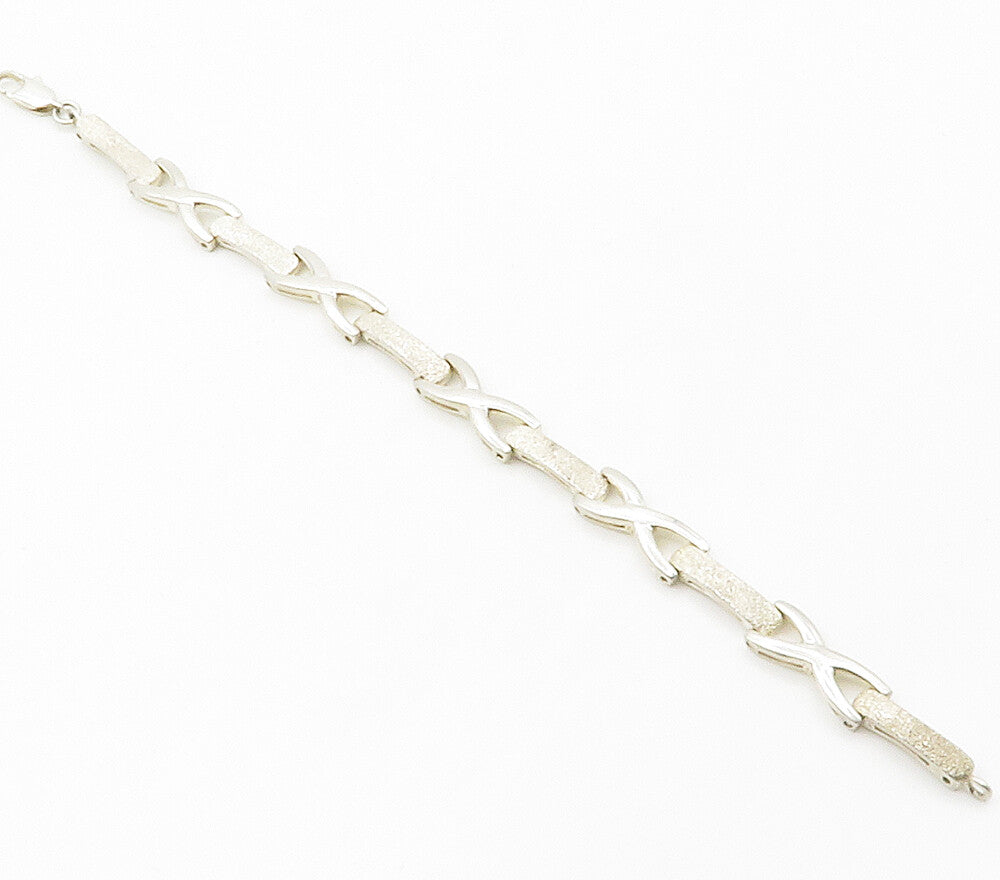 925 Sterling Silver  Vintage Shiny Frosted Bar Hinge Chain Bracelet  BT5783