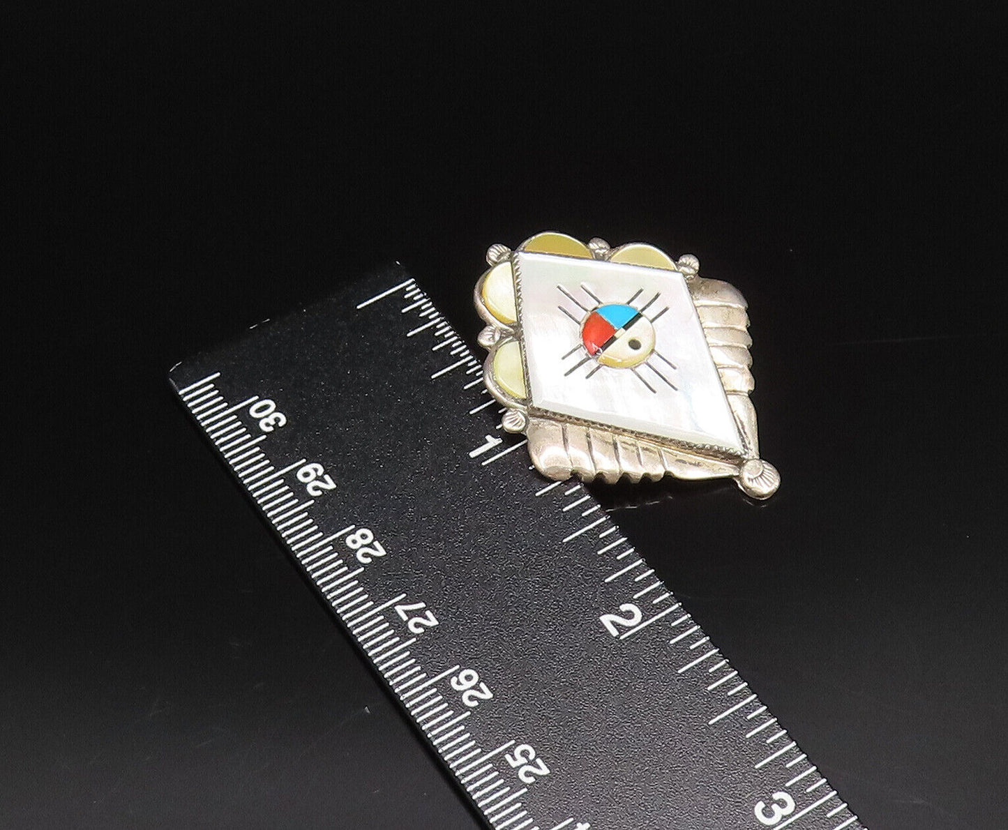 ZUNI NAVAJO 925 Silver  Vintage Mother Of Pearl & Stones Brooch Pin  BP10043