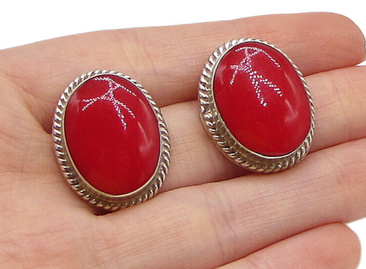 MEXICO 925 Silver  Vintage Bezel Set Inlay Coral Oval Stud Earrings  EG1893