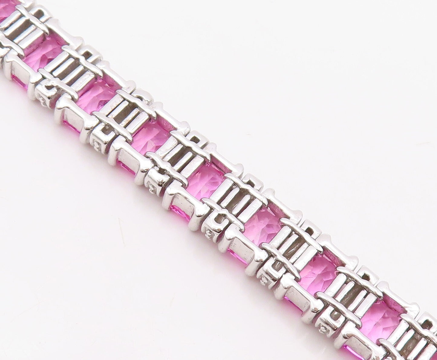 925 Sterling Silver Vintage Bracelet Rectangle Pink & White CZ Inlay  BT10866
