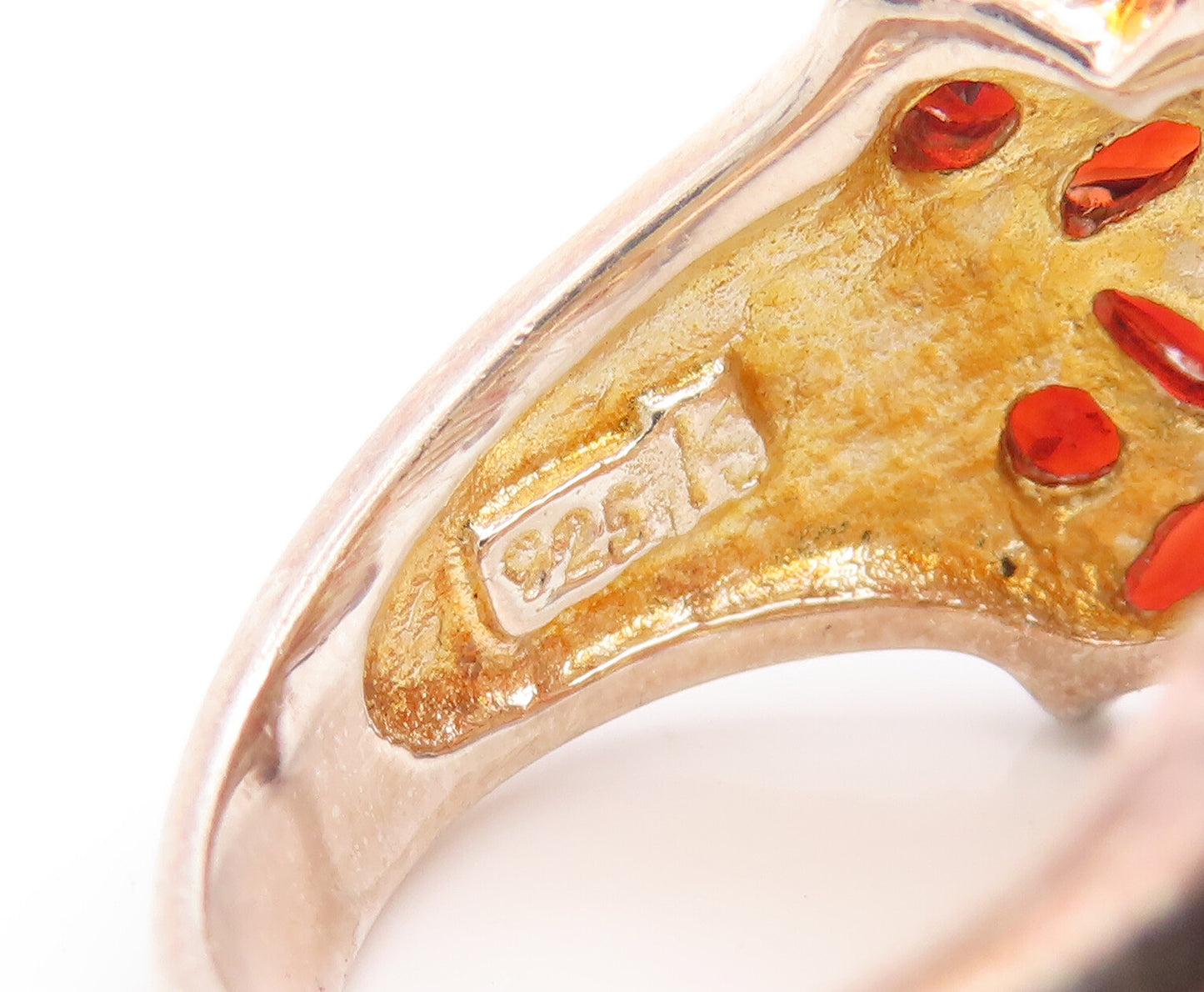 925 Silver  Vintage Red Topaz Beaded Flower Broad Band Ring Sz 7  RG27169