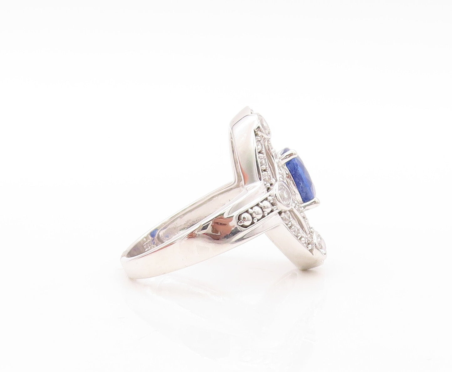 925 Sterling Silver Vintage Ring Spider Web Cutout CZ & Sapphire  Sz 7  RG30609