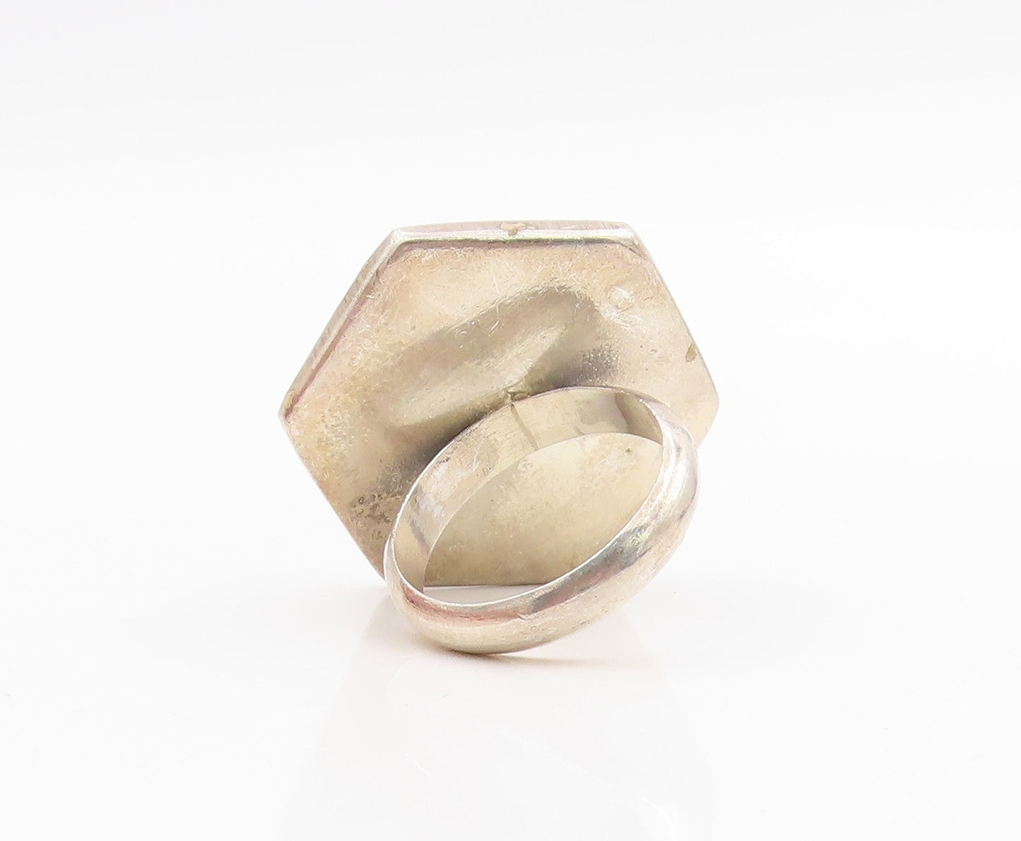 925 Sterling Silver Vintage Ring Mother Of Pearl Geometric Inlay  Sz 8  RG33933