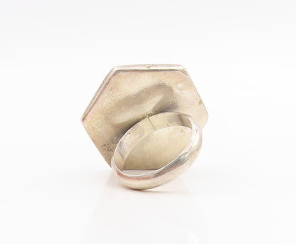 925 Sterling Silver Vintage Ring Mother Of Pearl Geometric Inlay  Sz 8  RG33933