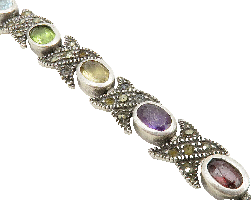 925 Sterling Silver Vintage Topaz Peridot & Multi Stone Chain Bracelet BT5096