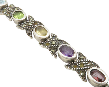 925 Sterling Silver Vintage Topaz Peridot & Multi Stone Chain Bracelet BT5096