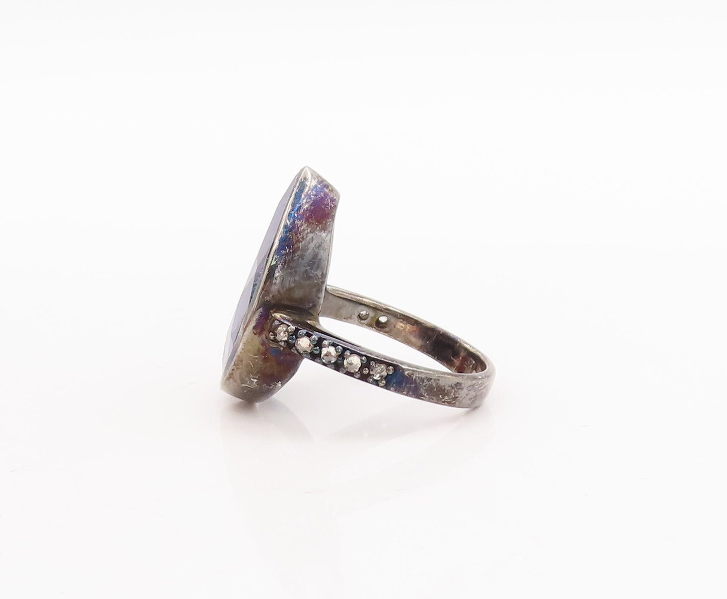 925 Sterling Silver Vintage Ring Drop Cut Blue Gemstone Diamonds  Sz 7  RG29174