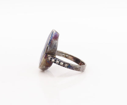 925 Sterling Silver Vintage Ring Drop Cut Blue Gemstone Diamonds  Sz 7  RG29174