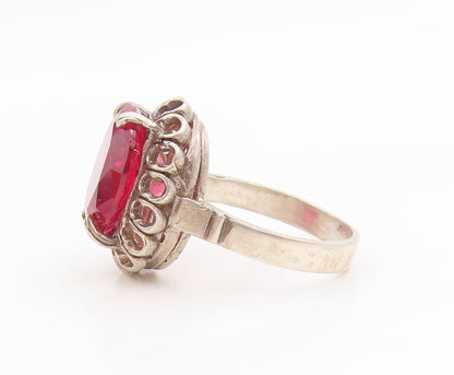 925 Sterling Silver Vintage Ring Oval Cut Ruby Floral Cutout Band  Sz 8  RG35677