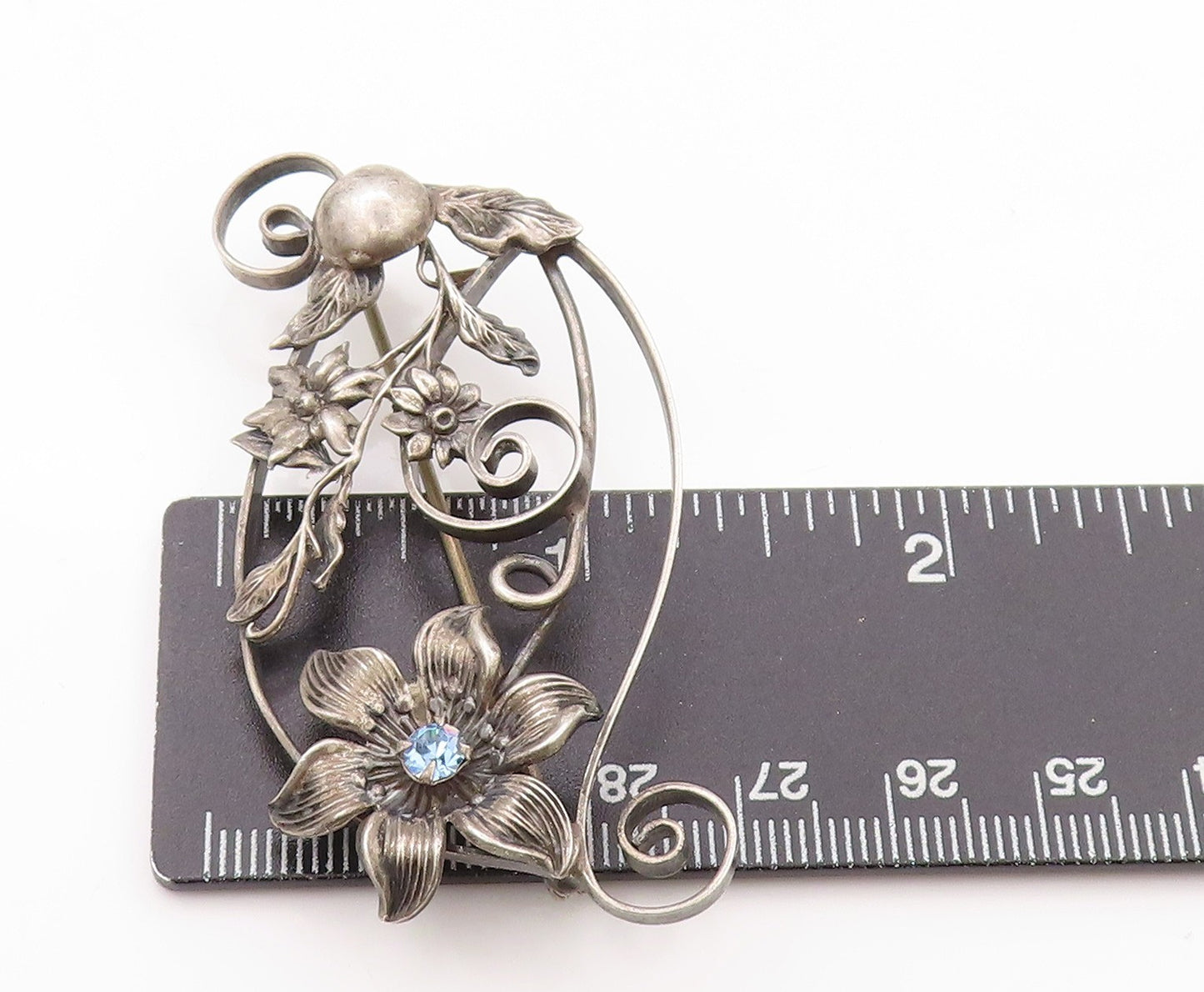 925 Sterling Silver Vintage Brooch Blue CZ Swirls & Flowers Cutout  BP11628