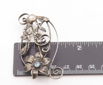 925 Sterling Silver Vintage Brooch Blue CZ Swirls & Flowers Cutout  BP11628