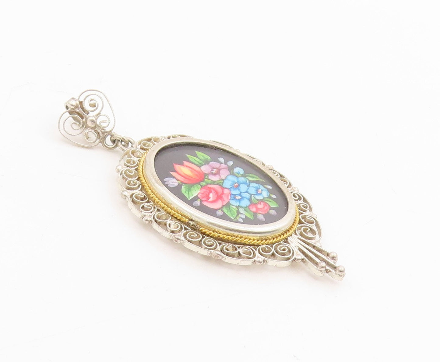 925 Sterling Silver Vintage Pendant Oval Enamel Filigree Flower Bouquet  PT25723