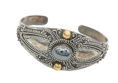 925 Sterling Silver & 18K GOLD  Vintage Hematite 2 Tone Cuff Bracelet  BT5651