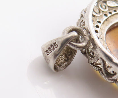 925 Sterling Silver Vintage Pendant Cabochon Honey Amber Halo CZ Locket  PT25490