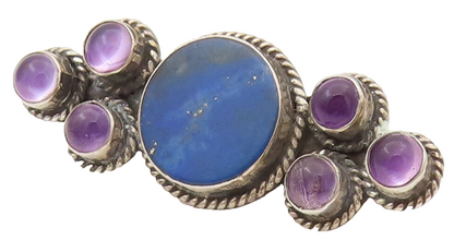 925 Silver  Vintage Lapis Lazuli & Cabochon Amethyst Brooch Pin  BP10215