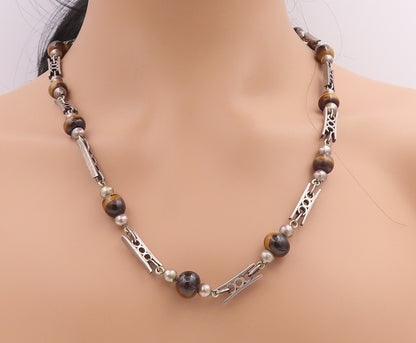 925 Sterling Silver Vintage Necklace MEXICO Designer Beaded Tiger's Eye   NE4413