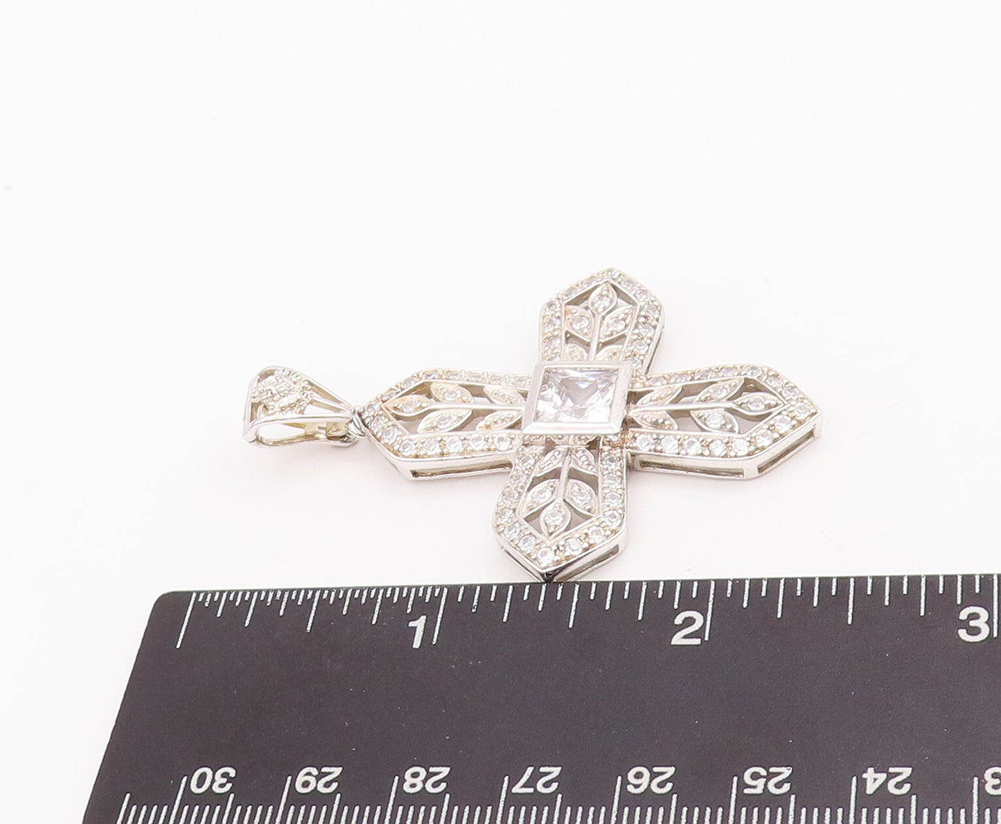 925 Sterling Silver Vintage Pendant CZ Beaded Floral Carved Cross "X"  PT22853