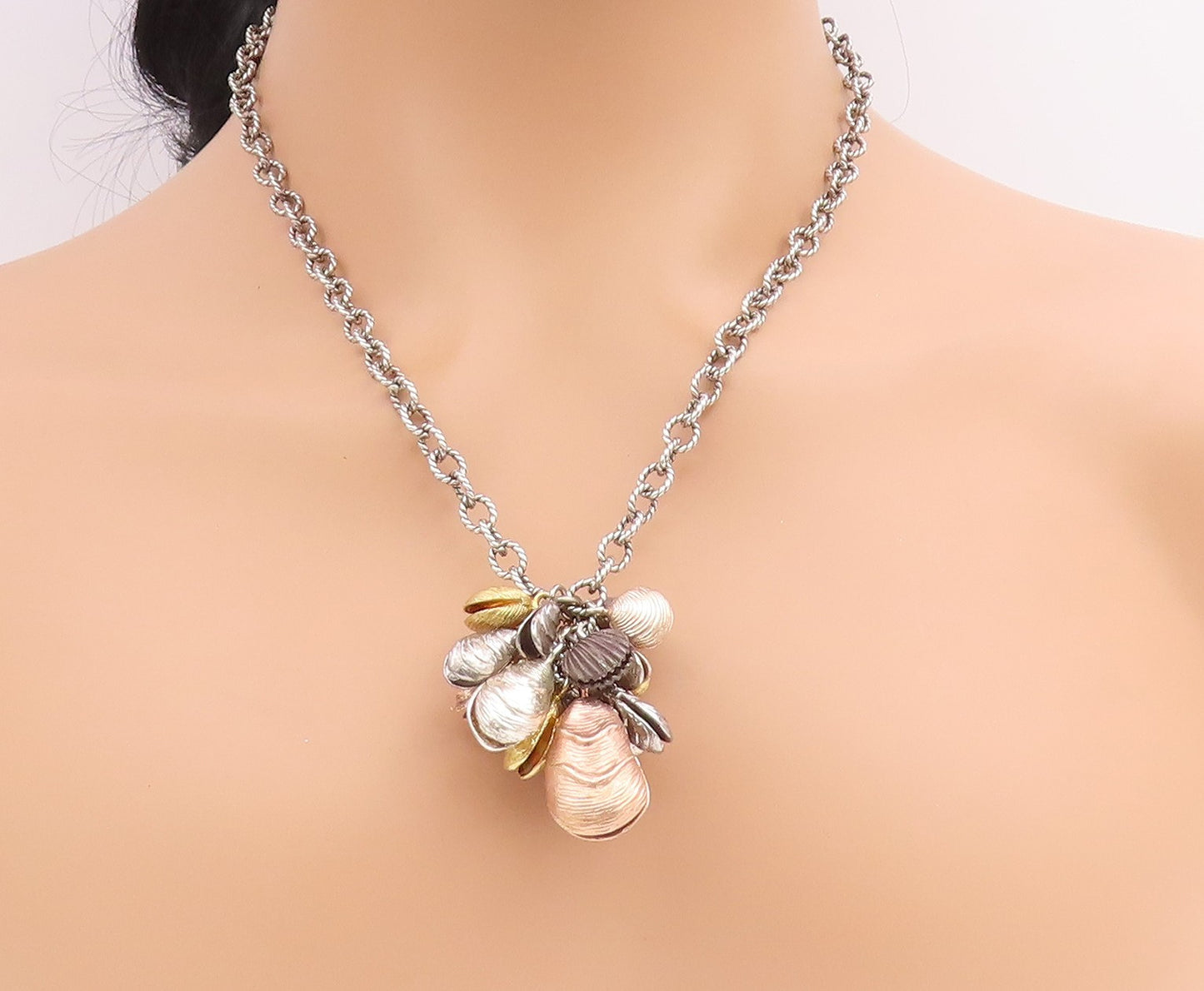 925 Sterling Silver Vintage Necklace Multi Tone Sea Shell Cluster Chain  NE4818