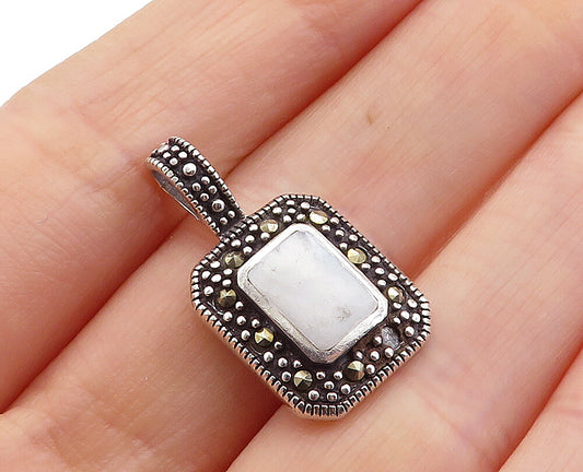 925 Sterling Silver  Vintage Mother Of Pearl & Marcasite Square Pendant PT3983