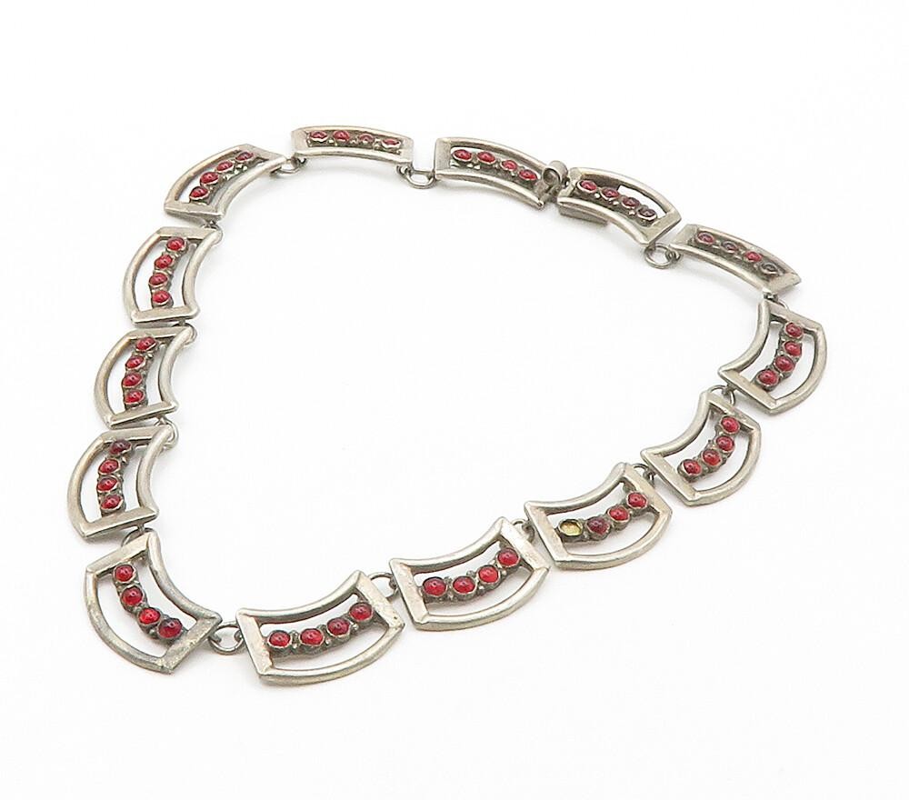 MEXICO 925 Silver  Vintage Cabochon Red Topaz Dark Tone Chain Necklace  NE2605