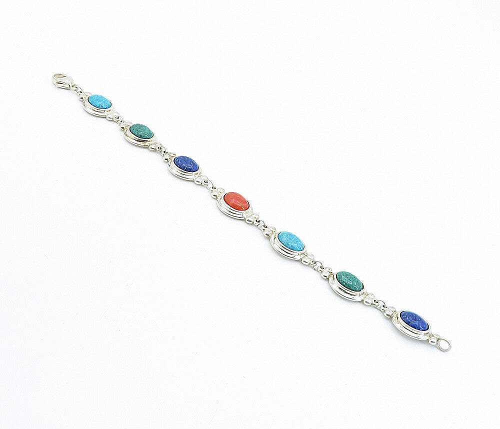 C. CO 925 Silver  Lapis Lazuli Turquoise & Coral Shiny Chain Bracelet  BT3000