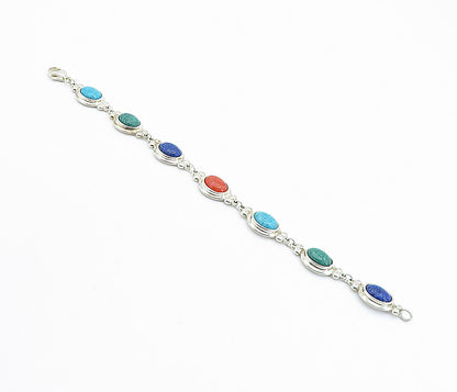 C. CO 925 Silver  Lapis Lazuli Turquoise & Coral Shiny Chain Bracelet  BT3000