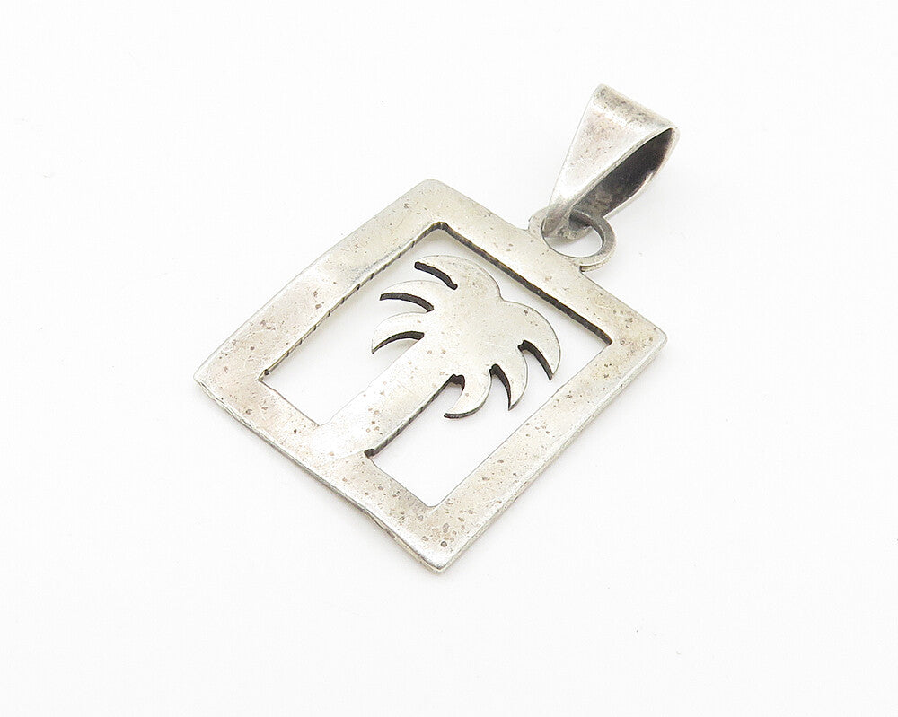 925 Sterling Silver  Vintage Dark Tone Cutout Palm Tree Square Pendant  PT8524