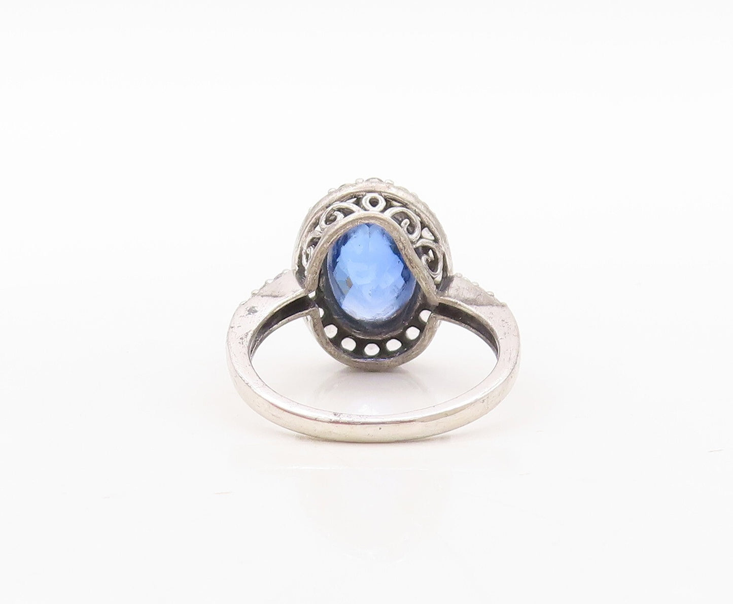 925 Sterling Silver Vintage Ring Oval Cut Blue Halo White CZ  Sz 7  RG31033