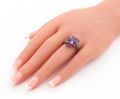 925 Sterling Silver Vintage Ring Dark Tone Oval Amethyst Cluster  SZ 8  RG31950