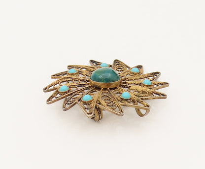 ISRAEL 925 Silver  Vintage Turquoise & Chrysocolla Pinwheel Brooch Pin BP10233