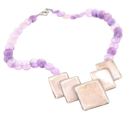 925 Sterling Silver Vintage Necklace Cubed Amethyst Graduated Setting NE4530