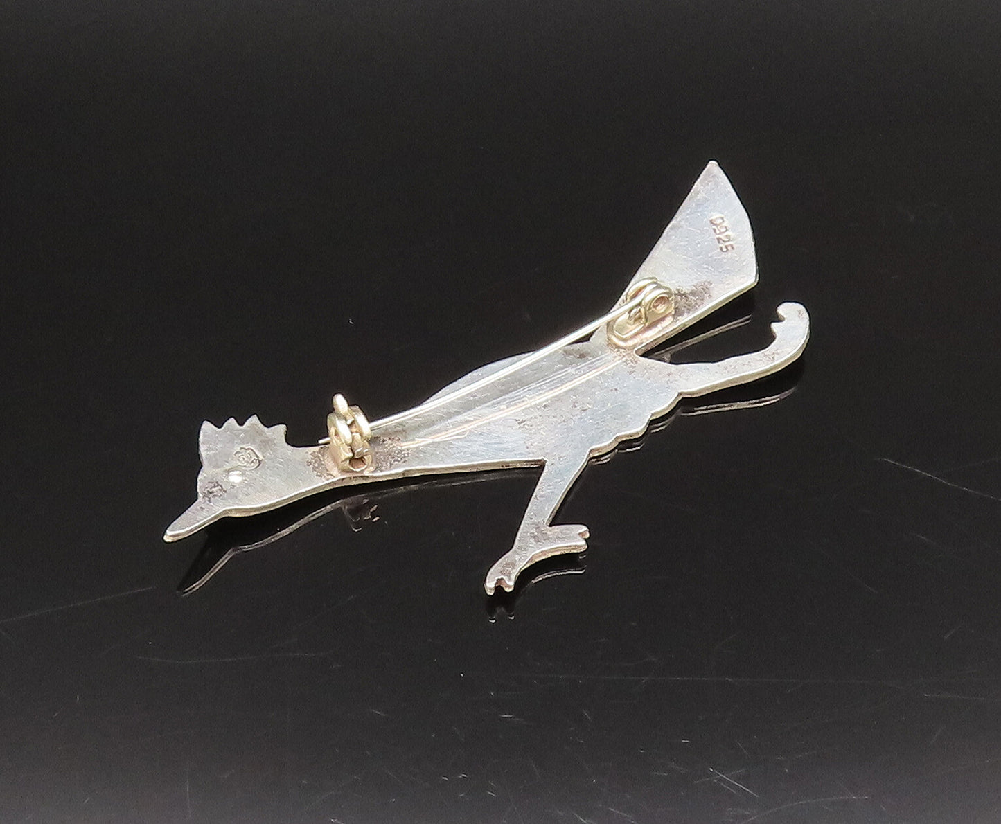 925 Silver  Vintage Etched Abalone Bird With Red Topaz Eye Brooch Pin  BP10062