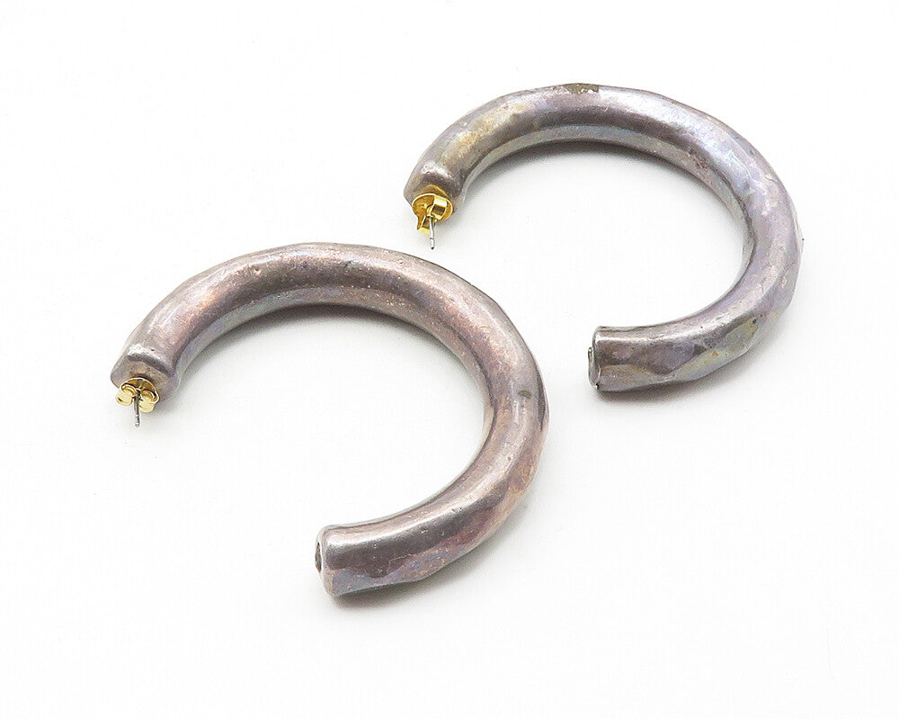 ISRAEL 925 Silver   Vintage Dark Tone Hollow Hammered JHoop Earrings  EG5755