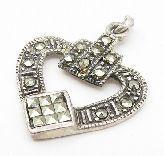 925 Sterling Silver  Vintage Shiny Marcasite Open Love Heart Pendant  PT8555