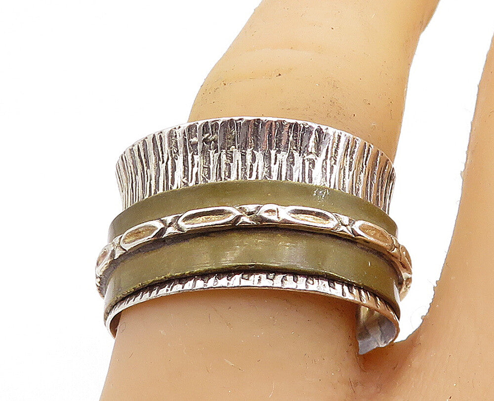 925 Sterling Silver  Vintage Two Tone Etched Band Spinner Ring Sz 9.5  RG6429