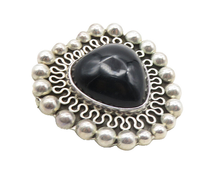 MEXICO 925 Sterling Silver  Vintage Black Onyx Love Heart Brooch Pin  BP3843