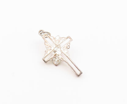 925 Sterling Silver  Vintage Rose Flower Religious Cross Pendant  PT19455