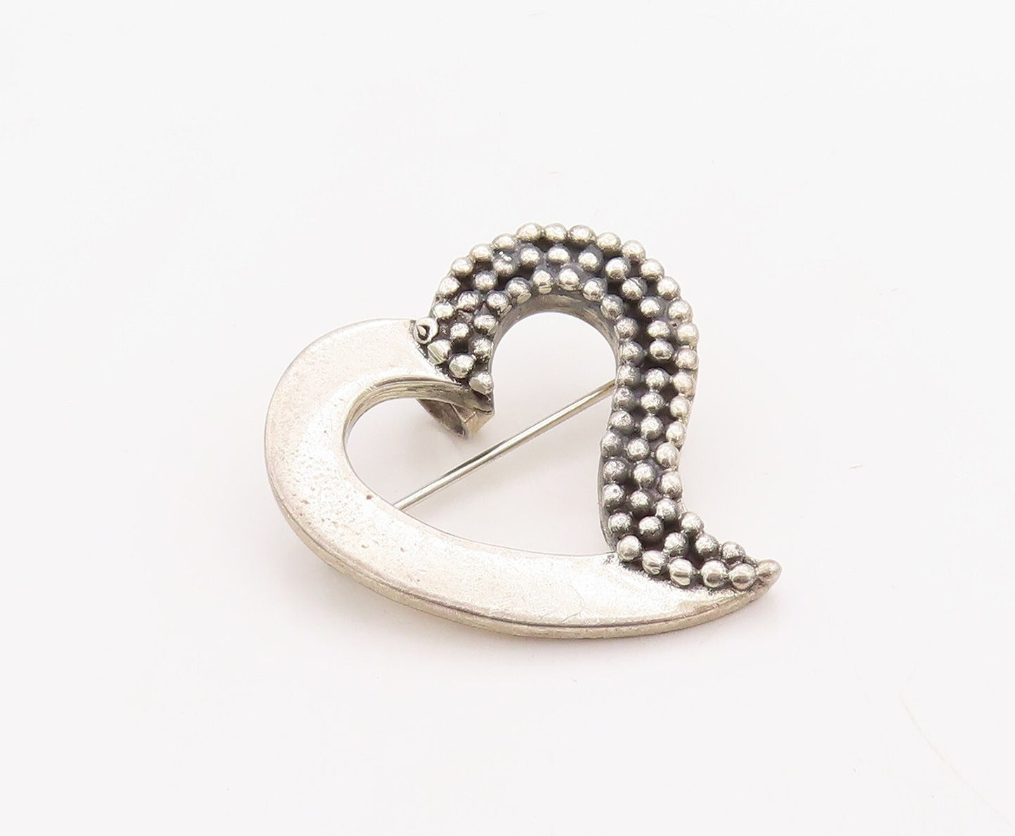 925 Sterling Silver Vintage Brooch Pin Bead Carved Cutout Love Heart  BP11245