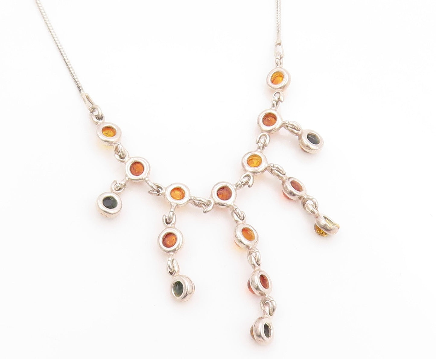 925 Sterling Silver Vintage Necklace Multi Stone Amber Classic Link Chain NE4630