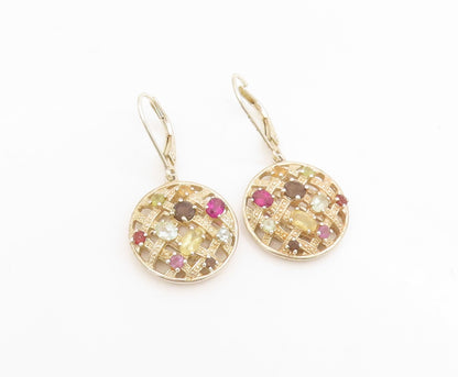 925 Sterling Silver Vintage Earrings Multi Gemstone Waffle Pattern Drop  EG13918