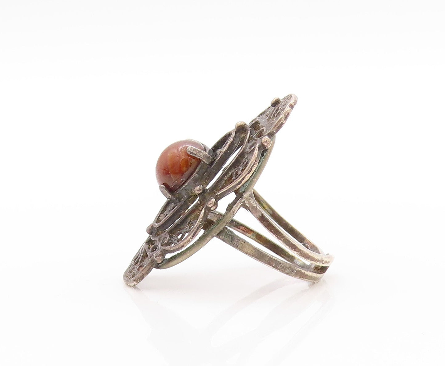 925 Sterling Silver Vintage Ring Dark Tone Swirls Cutout Gemstone Sz 6  RG32838