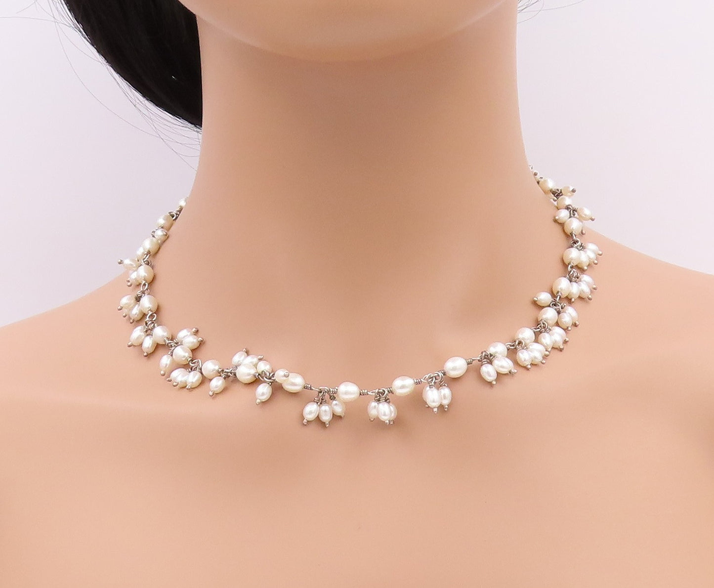 925 Sterling Silver Vintage Necklace DOUG PAULUS Minimalist Pearl Cluster NE4492