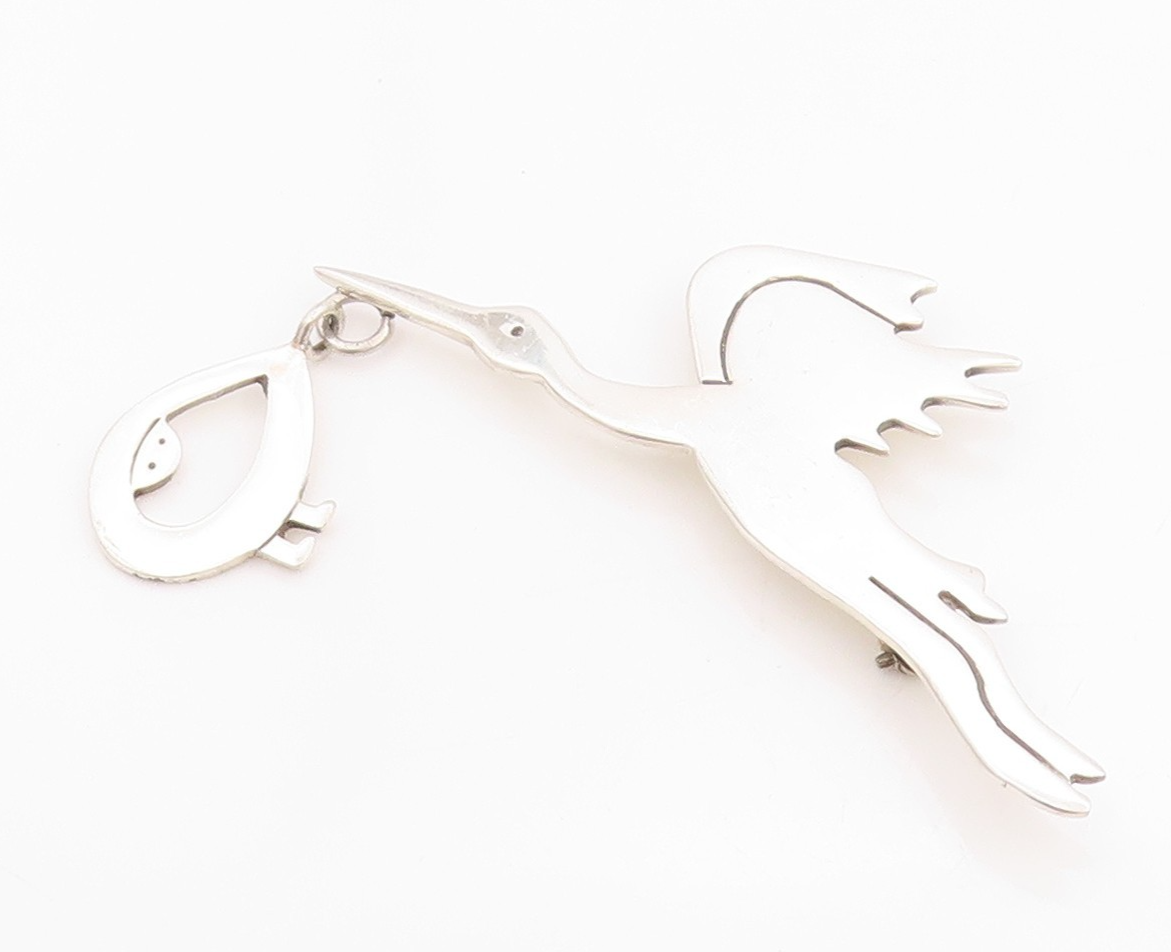 925 Sterling Silver Vintage Brooch MEXICO Stork Delivering Baby Story  BP11713