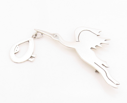 925 Sterling Silver Vintage Brooch MEXICO Stork Delivering Baby Story  BP11713