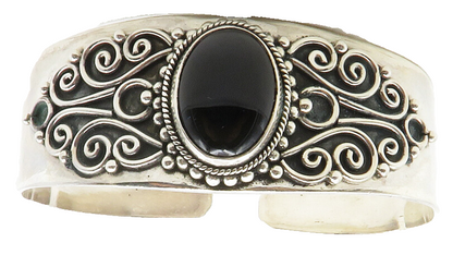BALI 925 Silver  Vintage Cabochon Black Onyx Swirl Vine Cuff Bracelet  BT4697