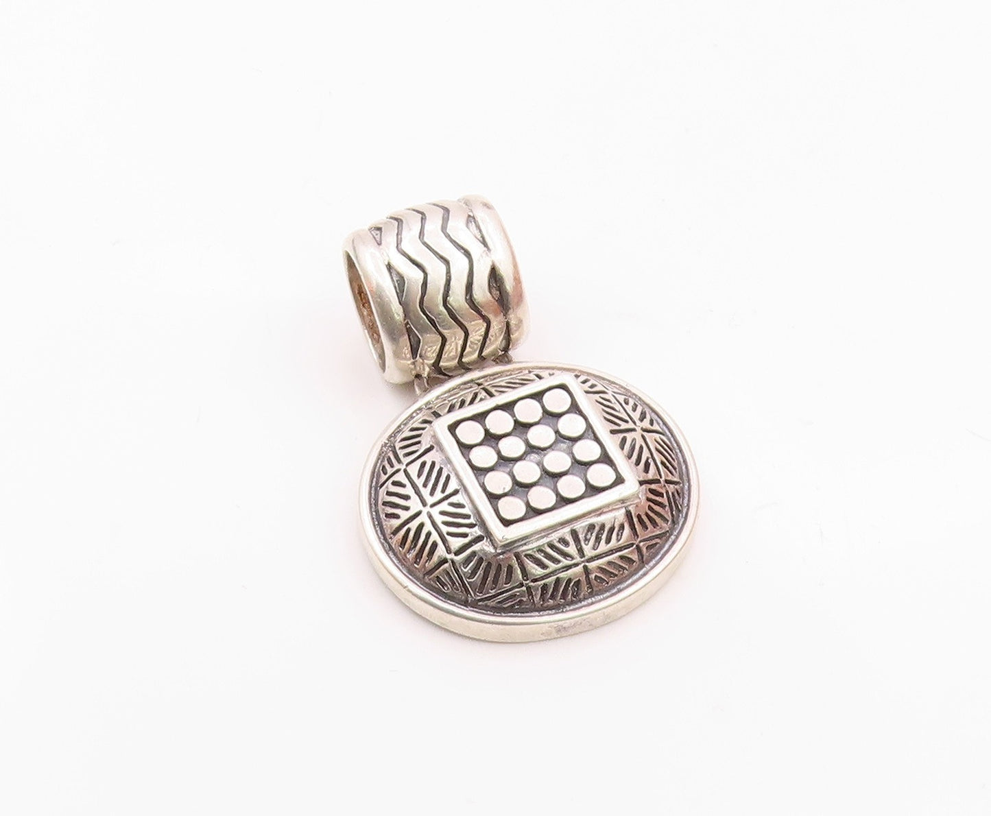925 Sterling Silver  Vintage Etched Pattern Round Dome Shiny Pendant  PT19651